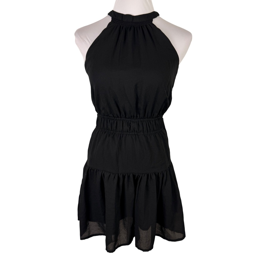 Japna Women's Small Black Halter Mini Dress Smocked Waist Ruffle Open Back